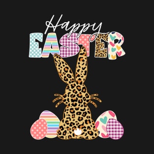 Happy Easter Leopard Plaid Cute Bunny Eggs Hunting Funny T-Shirt