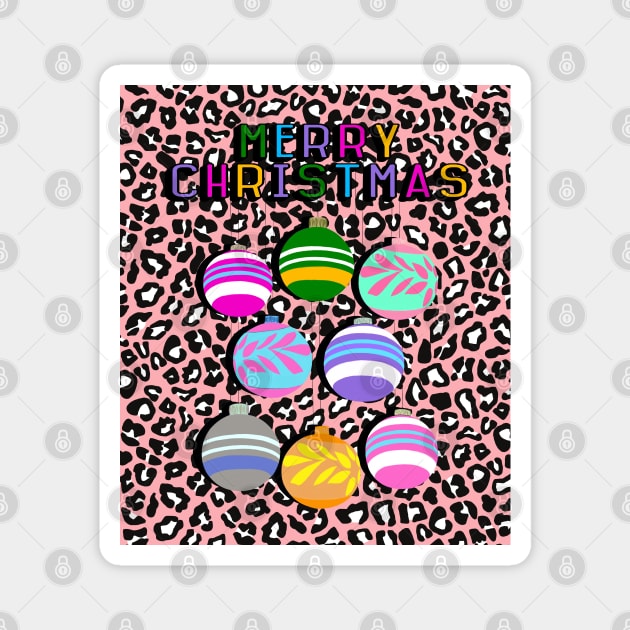 Merry Christmas Pink Leopard Print and Baubles Magnet by OneThreeSix