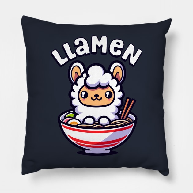 Cute Llama in a Ramen Bowl Kawaii Japanese Food Pillow by Cuteness Klub