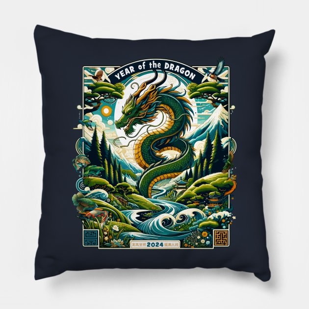 Verdant Dragon's Realm Enchanted Valley - Lunar New Year 2024 Pillow by 2HivelysArt