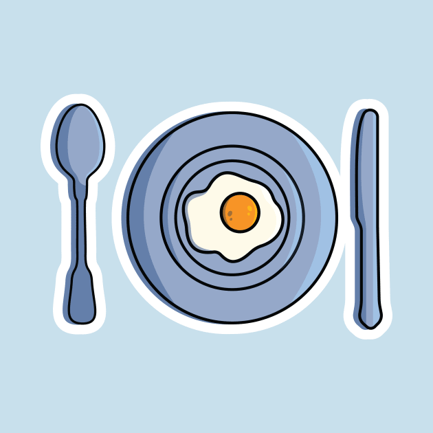 Fried Egg in Plate with Spoon and Knife vector illustration. Breakfast food icon concept. Plate, Spoon and Knife up view on blue background vector design. by AlviStudio