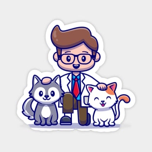 Veterinarian With Cat And Dog Cartoon Magnet