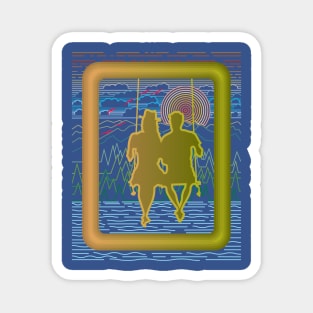 A pair of lovers who are playing on a swing on the edge of the lake Magnet