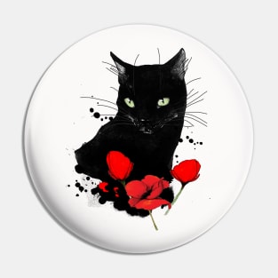 Black Cat and Red Poppies Pin