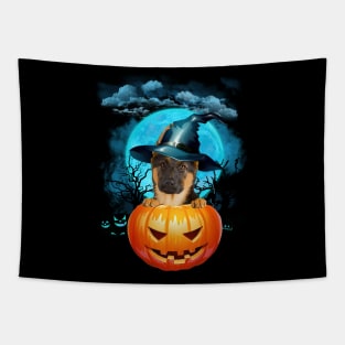 German Shepherd Witch Hat Pumpkin And Blue Moon Halloween Tapestry