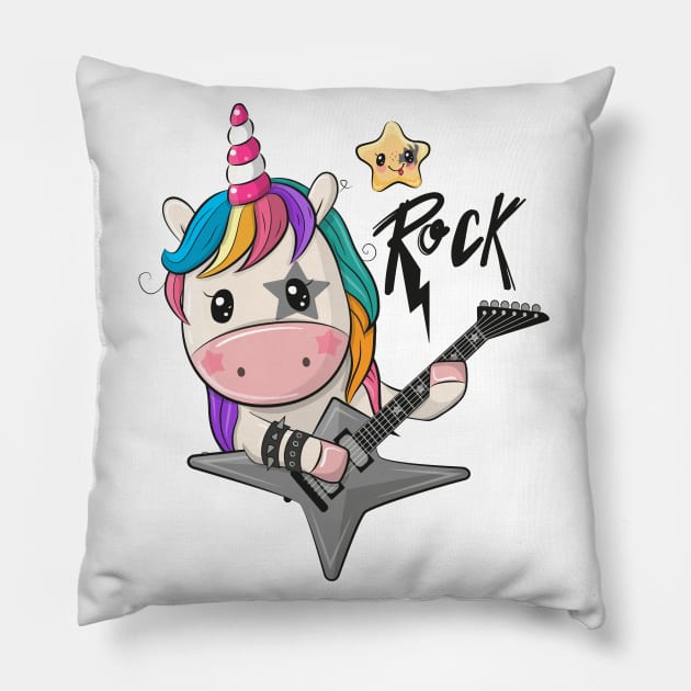 A cool unicorn with a guitar and the inscription Rock Pillow by Reginast777