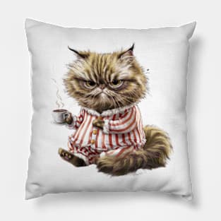 Print design of a cute Persian cat, wearing cozy pajamas and holding a steaming cup of coffee.1 Pillow