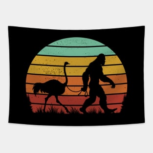 Bigfoot Sasquatch Walking An Ostrich Vintage Sunset Bird Lover Tapestry