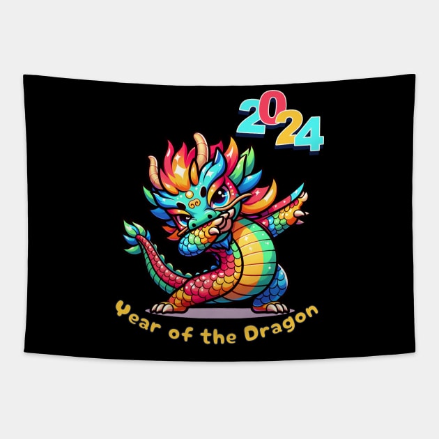 2024 Year of the dragon Chinese Zodiac Gay Dabbing Rainbow Tapestry by WearablePSA