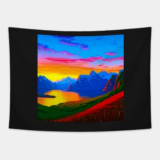 Retro nostalgic dreamy sunset in the mountains Tapestry