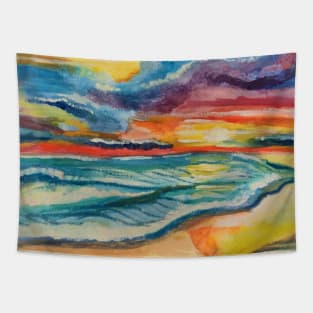 Scenic Beach Ocean Watercolor Sunset Tapestry