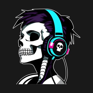 Girl Skull With Headphones, Violet, light blue | Listening Music T-Shirt