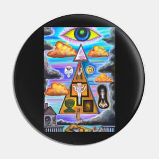 Surrealist painting like digital art with occult symbolism and All Seeing Eye Pin