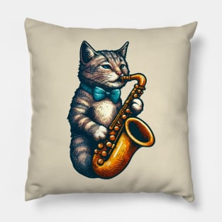 tabby cat playing saxophone Pillow