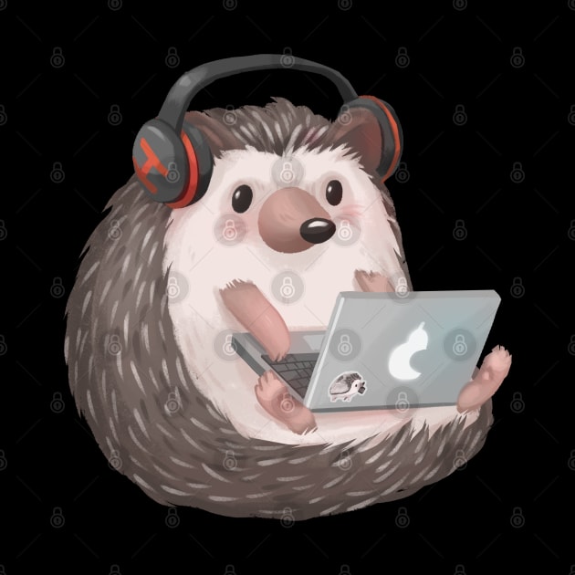 Cute Hedgehog Blogger on a Laptop Listening to Music by PamelooArt