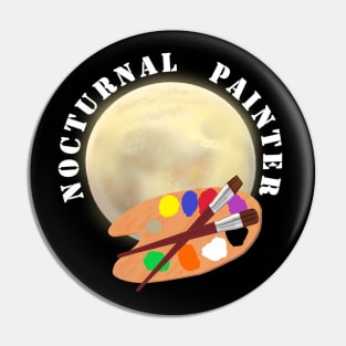 Nocturnal Painter. Moon and Artist Paint Palette with Brushes. Pin