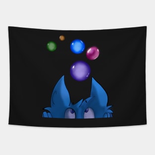 peekaboo cat with bubble planets in space - Blue cartoon funny cat playing peek a boo With colourful bubbles Tapestry