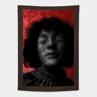 Portrait, digital collage and special processing. Woman with closed eyes. Mystic and beautiful.  Red and gray. Glow. Tapestry