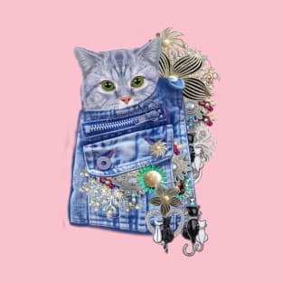 Blue Denim, lace - Costume Jewelry & Cute kitten T-Shirt