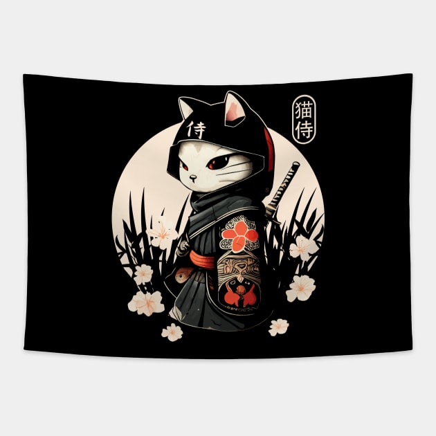 Samurai Cat Tattoo, Kawaii Ninja Cat Tapestry by Apocatnipse Meow