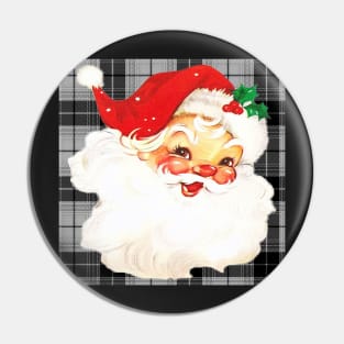 Santa Claus Vintage Old Fashioned Traditional Christmas Design on Black & White Plaid, Gifts Pin