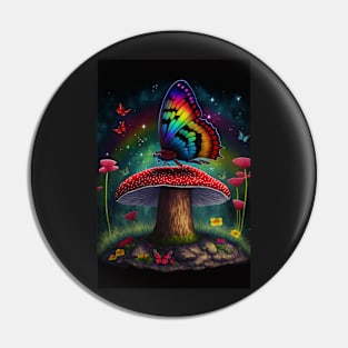 Magical Rainbow Butterfly on Mushroom Pin
