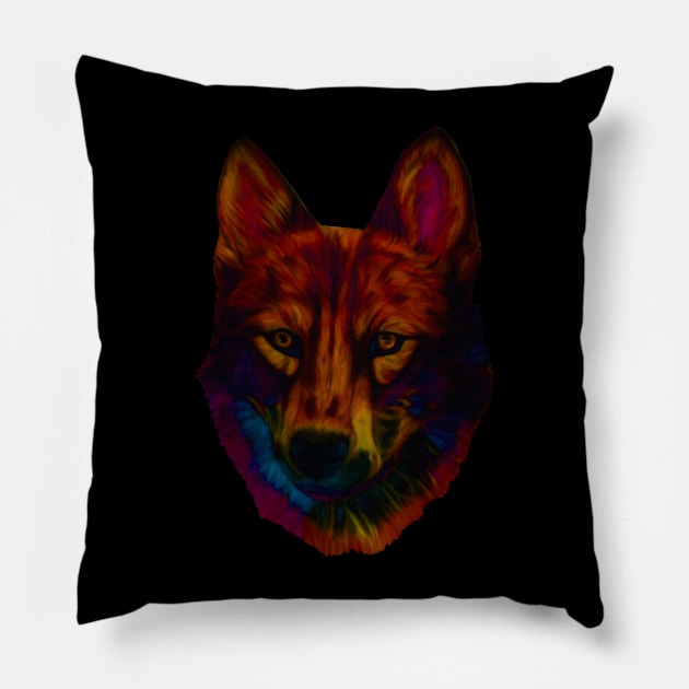 rainbow wolf Pillow by candimoonart