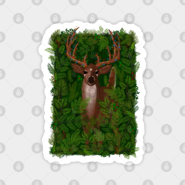 Christmas Fairy lights holiday deer illustration on a forest background Magnet by illograph