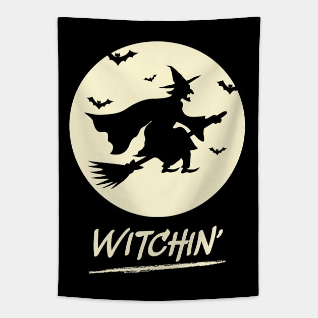 Witchin' Halloween Witch riding a Broom with Bats Tapestry by Teeziner