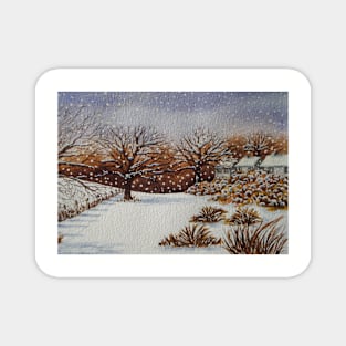 painting of snow snow covered trees and cottages winter snow scene Magnet