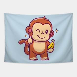Cute Monkey Holding Banana With Thumb Up Cartoon Tapestry