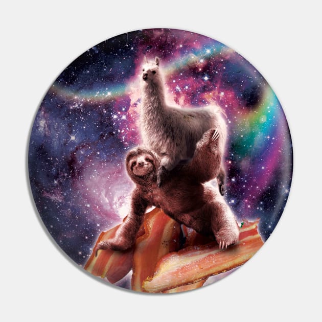 Rainbow Space Llama On Sloth Riding Bacon Pin by Random Galaxy