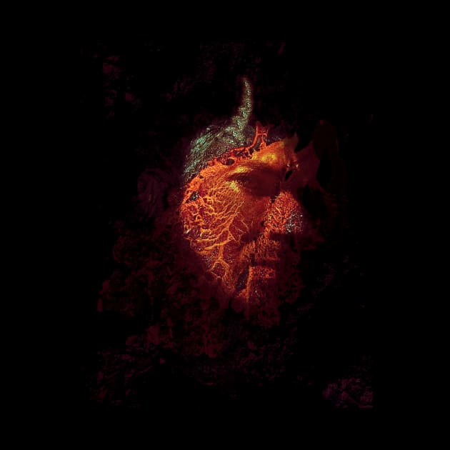 Portrait, digital collage and special processing. Devil face, side. Horn and lava texture. Red spots, glowing orange. by 234TeeUser234