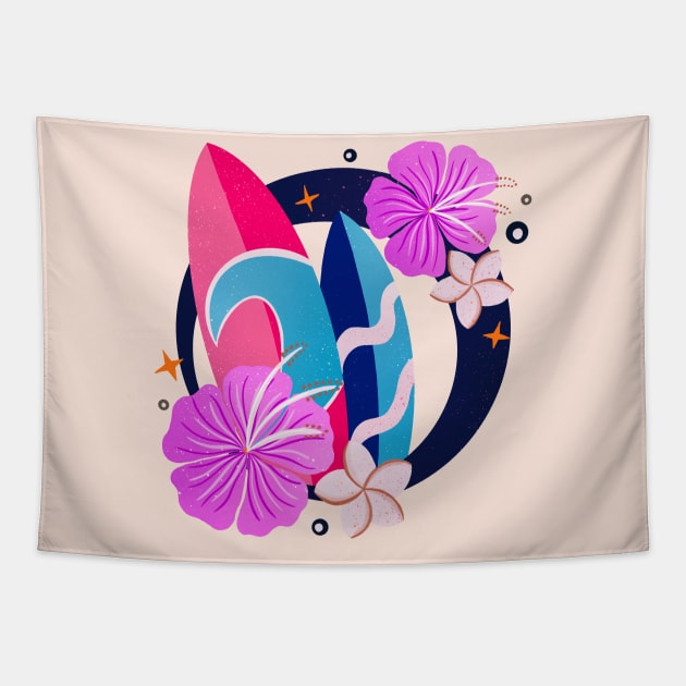 Retro surfboards badge - pink and navy blue Tapestry by Home Cyn Home 