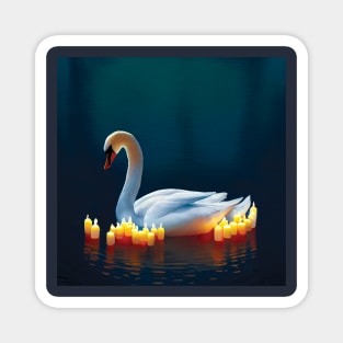 Beautiful Swan surrounded by candles on a  Lake. Romantic Image Magnet