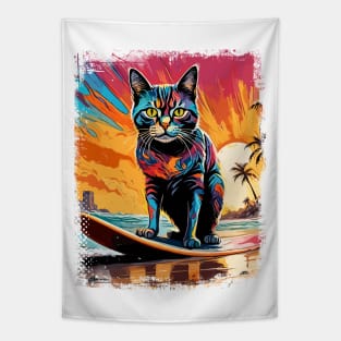 Cat Surfing Cute Colorful Comic Illustration Tapestry