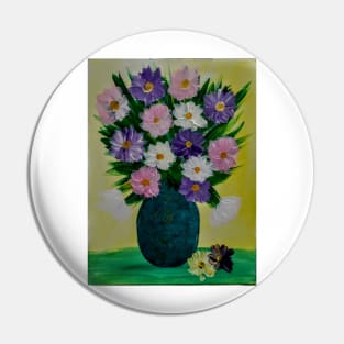 Some abstract flowers in purple and pink in a turquoise and gold vase . Pin