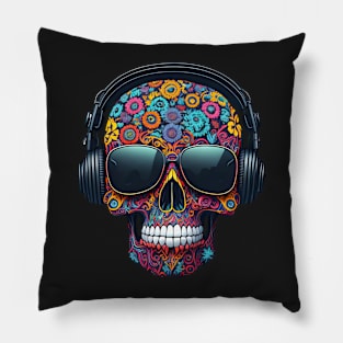 Funny Sugar Candy Skull With Headphones and Sun Glasses Pillow