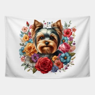 A yorkshire terrier with beautiful colorful flowers Tapestry