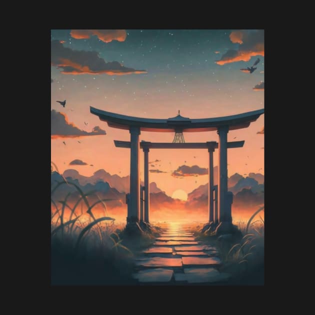 A Japanese Tori Gate view during Sunset - Anime Drawing by AnimeVision