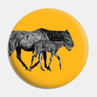 Horse and foal black and white animal ink illustration Pin