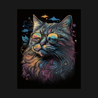 Retro Cat Art Wearing Glasses Splash Abstract Vibe Watercolor Vintage T-Shirt