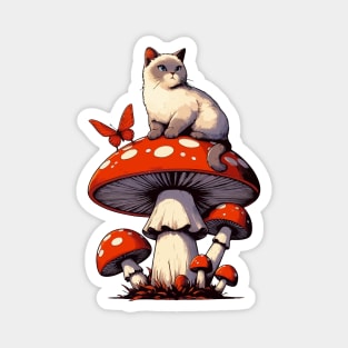 Funny Vintage White Cat in Mushroom Garden Magnet