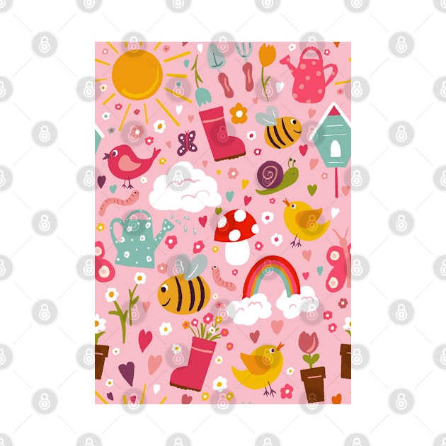 Garden Fun repeat pattern on a pink background by NattyDesigns