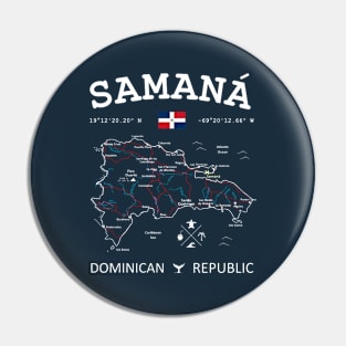 Dominican Republic Flag Travel Map Samana Coordinates Roads Rivers and Oceans White Pin