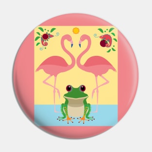 Two Flamingos, One Frog, Foliage and a Chameleon  Pin