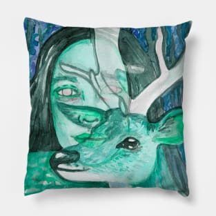 Psychedelic wild deer and girl Pillow