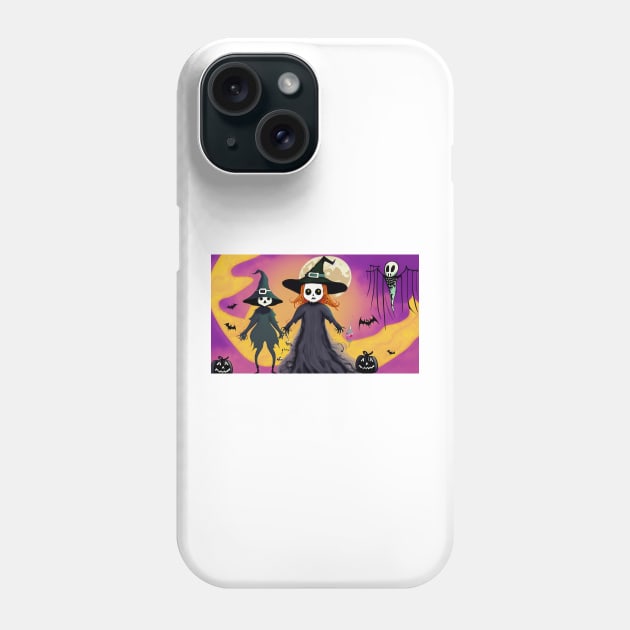 Two skeleton witches standing next to each other in front of a full moon Phone Case by Tee Trendz