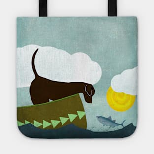 Chocolate Labrador In A Canoe With A Fish Friend Tote