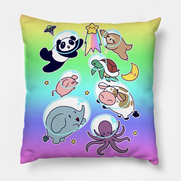 Space Animals Ombre Rainbow Pillow by saradaboru